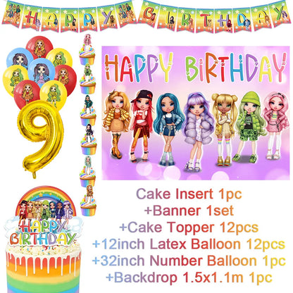 Cartoon Regenbogen Puppe High School Thema Hintergrund Geburtstag Party Dekoration Lieferungen Einweg Tasse Besteck Ballon Baby Geschenk