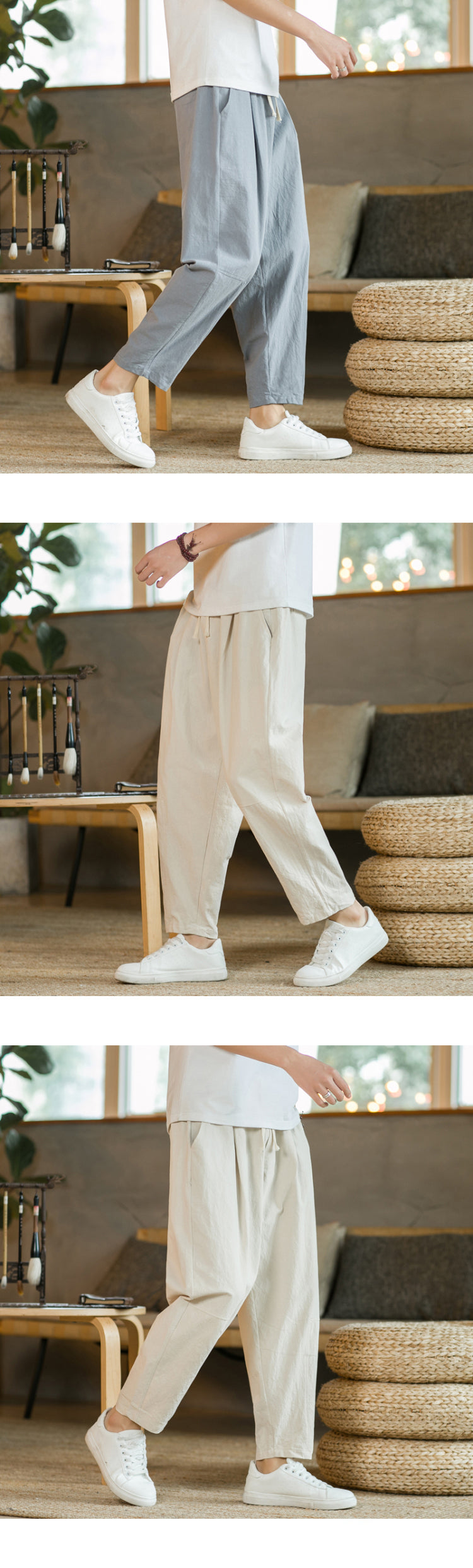 Men's Trousers Cotton Linen Fashion Casual Pants Solid Color Breathable Loose Shorts Straight Drawstring Pants Streetwear Men.