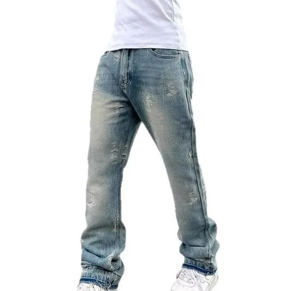 Loose Men's Straight Leg Jeans Casual High Street American Style Torn Frayed Hem Wide Leg Pants Trendy Casual Denim Trousers.