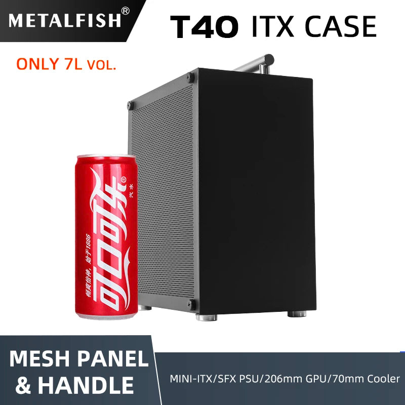 METALFISH T40 Mini ITX Black Case 7L Gaming Computer Chassis Compact transparent PC Support SFX PSU/70mm Cooler With Handle.