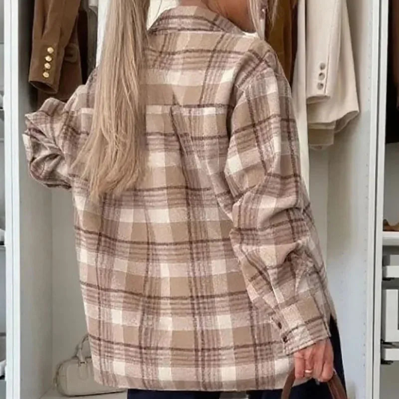 Women Elegant Checkered Print Office Shirt Spring Autumn Turn-down Collar Button Blouses Casual Long Sleeve Street Top Cardigans.