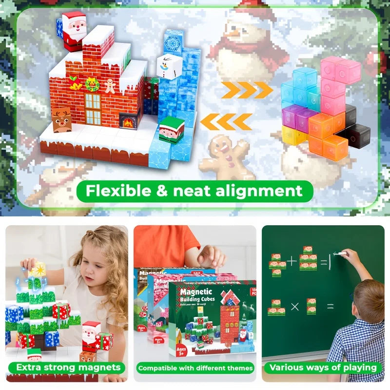 3D Kids Magnetic Blocks Sensory Construction Building Toy Santa Claus Magnet Cubes Stacking Toys Boys Girls Puzzle Gift.
