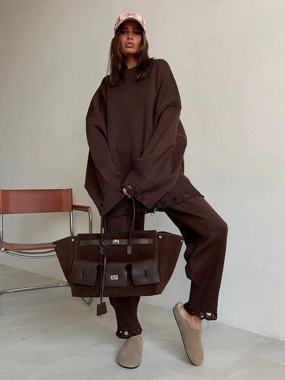 Bornladies Autumn Winter Women's New Turtleneck Knit Sweater Skinny Knit Pants Set Soft Oversized Ripped Hem Fashion Pullover