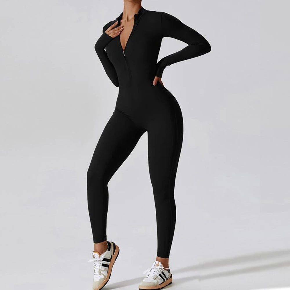 Womens Jumpsuits Long Sleeve Yoga Slim Fit Stretch One Piece Romper Sexy Fitness Female Basic Sportwears Tight Zipper Ladies.