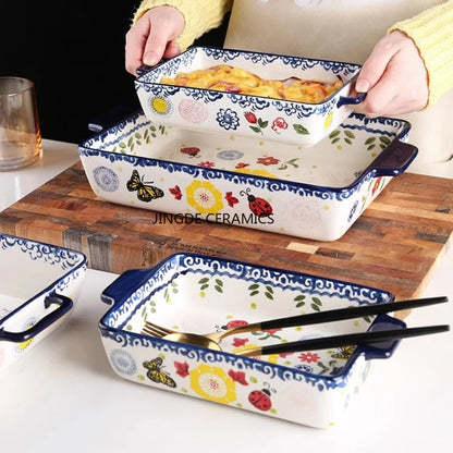 Rectangular/elliptical Double Ear Plate Cheese Baked Rice Tray Ceramic Baking Tray Oven Household Large Square Plate Tableware.
