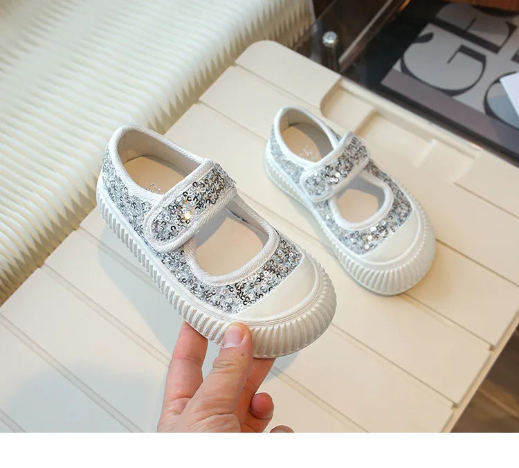 New Girl Princess Canvas Shoes Fashion Luxury Sequins Children Causal Shoes Breathable Kids Glitter Mary Jane Shoes Thick Bottom.