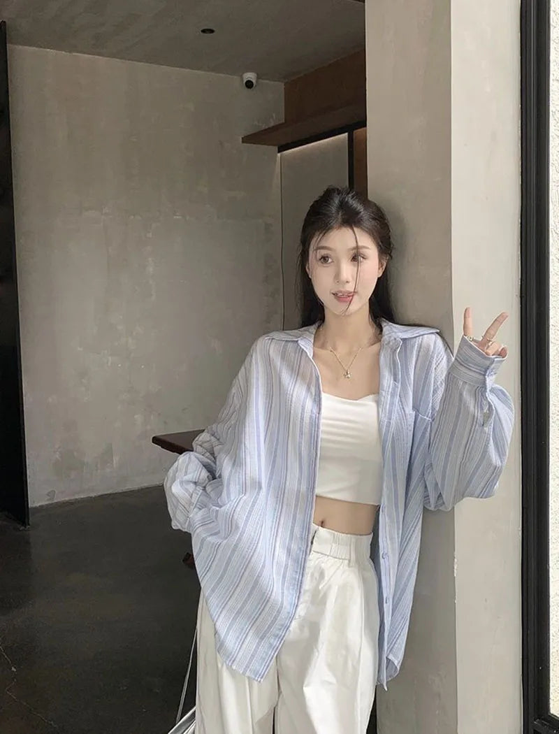 Pink Striped Shirt Women Korean Style Loose Long Sleeved Button Up Blouse Ladies Autumn New Wild Streetwear Casual Shirts 2025