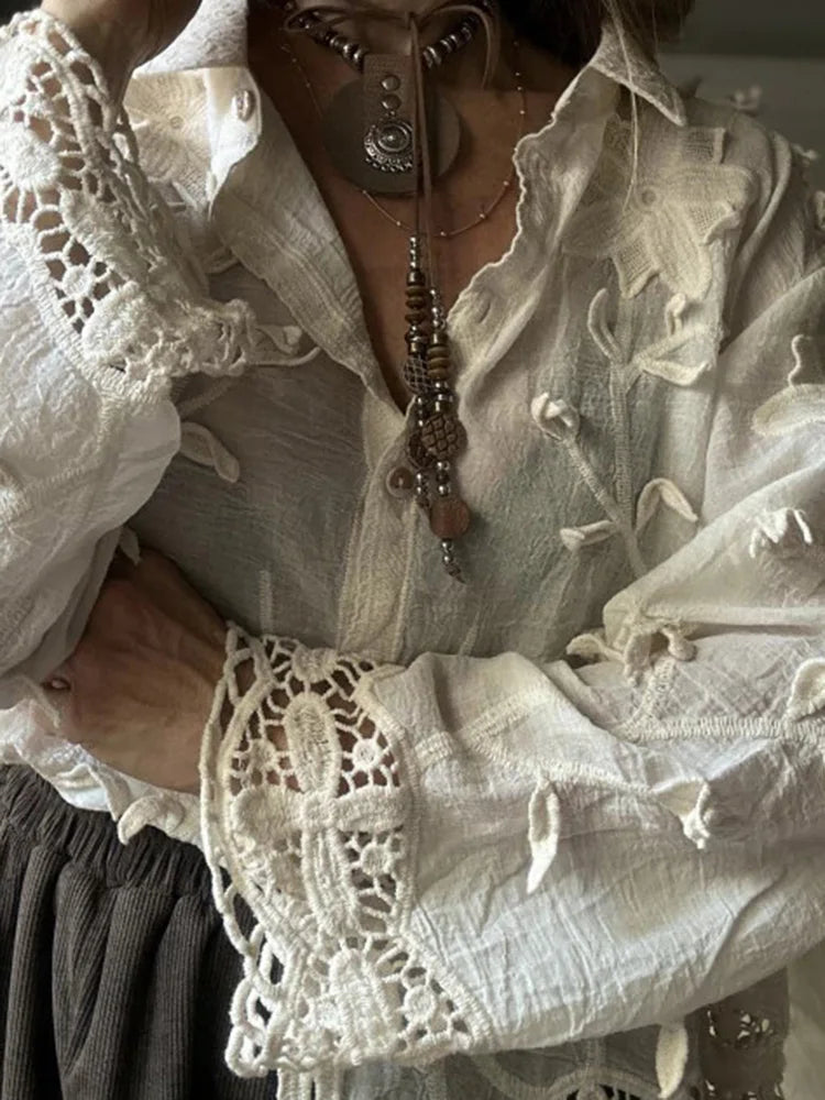 Casual Solid Color Long Sleeve Vacation Shirts Elegant Lapel Floral Hollow Out Blouse Fashion Women Single Breasted Commute Tops.