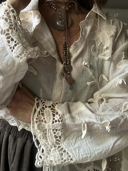 Casual Solid Color Long Sleeve Vacation Shirts Elegant Lapel Floral Hollow Out Blouse Fashion Women Single Breasted Commute Tops.