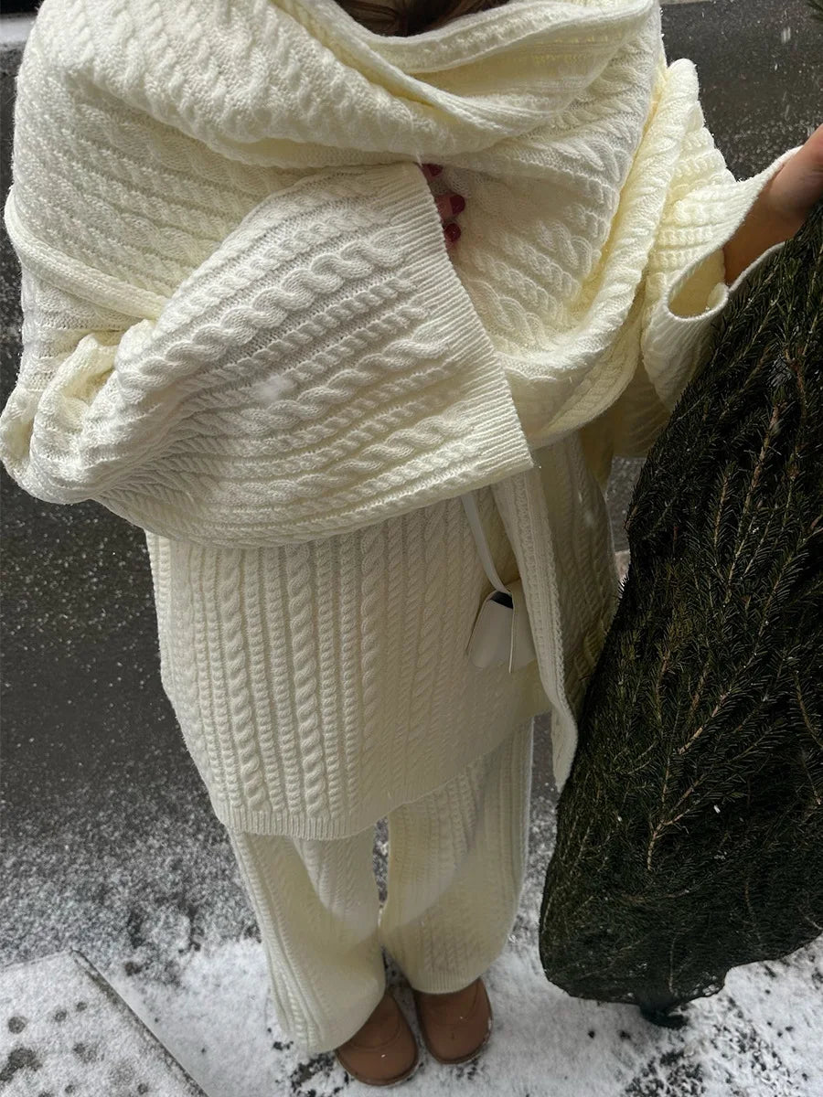 Bornladies Herbst Winter Mode frauen Neue Zopfmuster Pullover Breite Bein Hosen Set Weiche Wolle Mischung Lose Fit High Neck Pullover