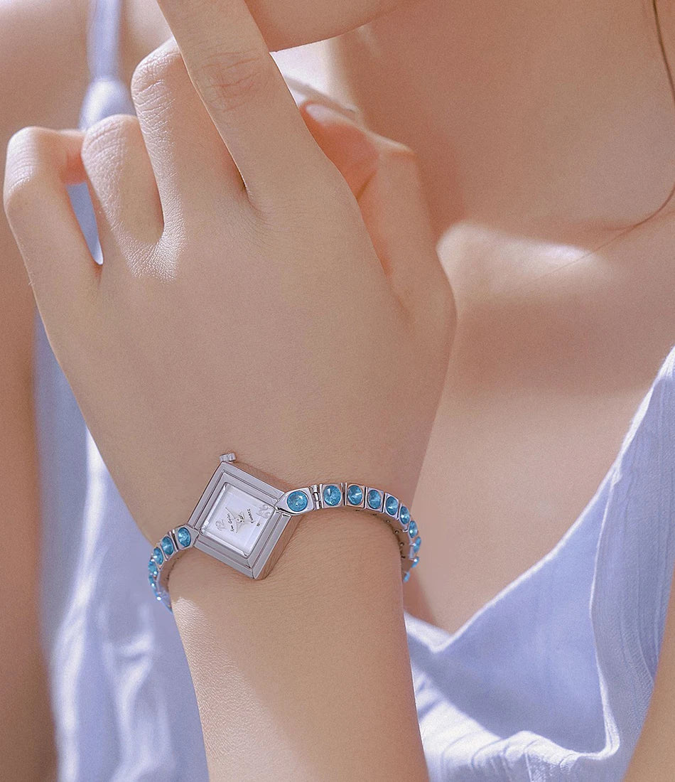 Luxury Women's Watch Square Dial Blue Rhinestones Bracelet Waterproof Fashion Elegant Wristwatch for Women Daily Wear Gifts.