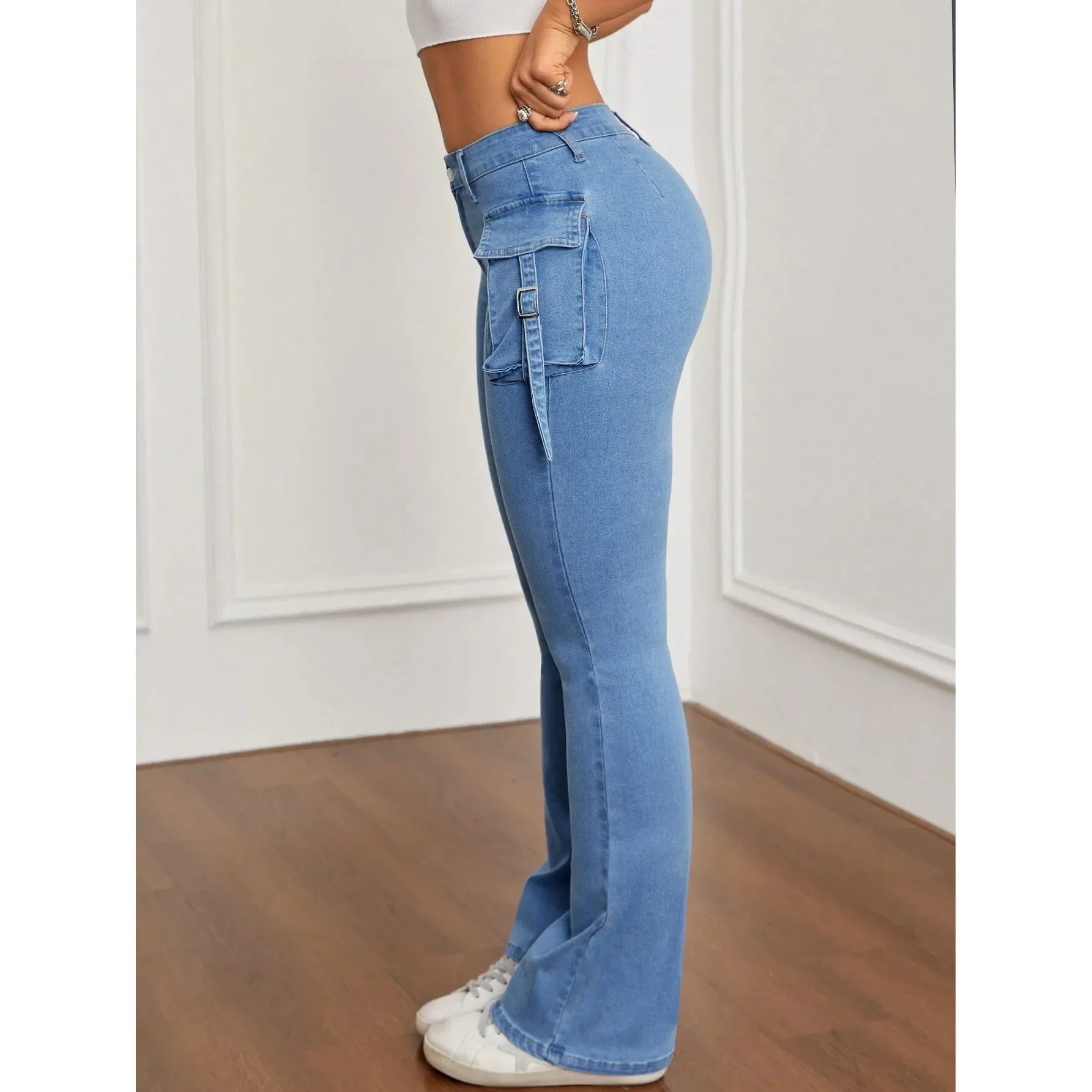 High Waist Bell Bottom Jeans Women's Slim Fit Workwear Denim Pants High Elasticity Cross-Border Long Trousers.