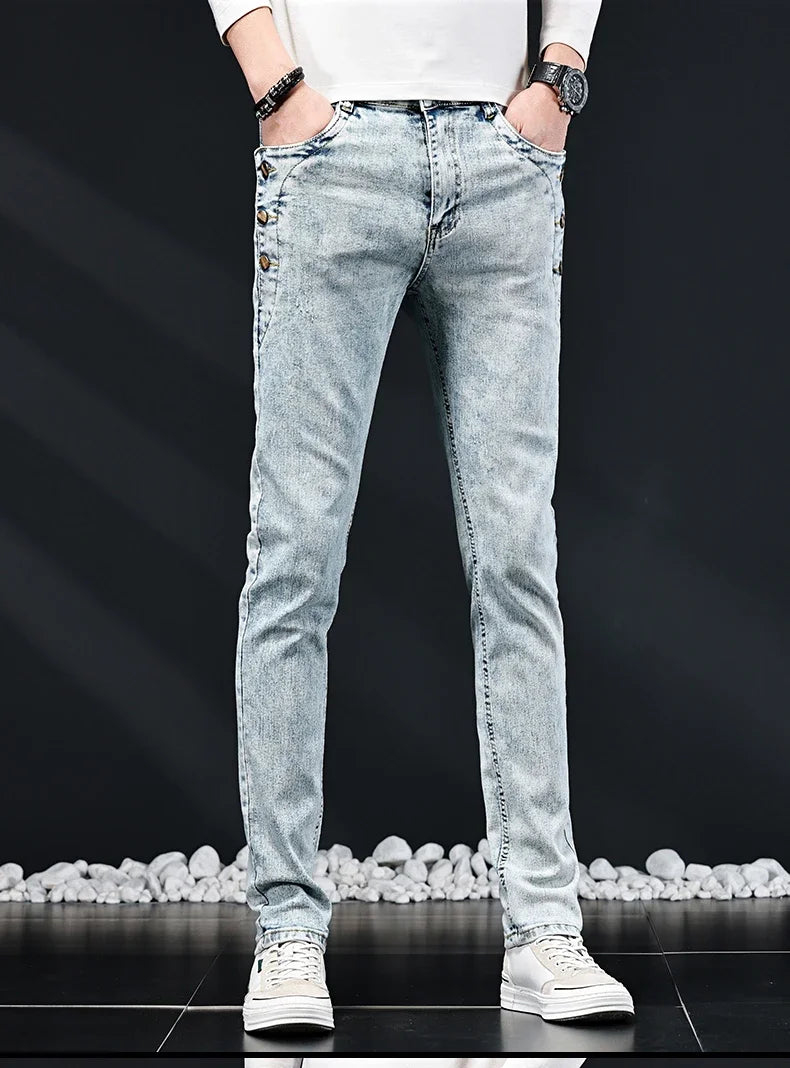 Slim Skinny Jeans Men New Elastic Korean Design Fashion Multi-Button Blue White Vintage Wash Cotton Stretch Denim Pants Trousers