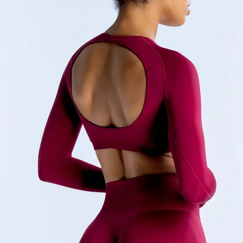 HISTELLO Long Sleeve Crop Top Women Seamless Yoga Tops Backless Clothing Gym Workout Sportswear Strong Supports Sports Shirt.