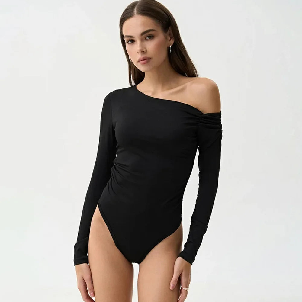 Cryptographic Fashion Solid Long Sleeve Bodysuits Elegant Outfits Slim Asymmetrical Tops Streetwear Basic One Piece Clothes