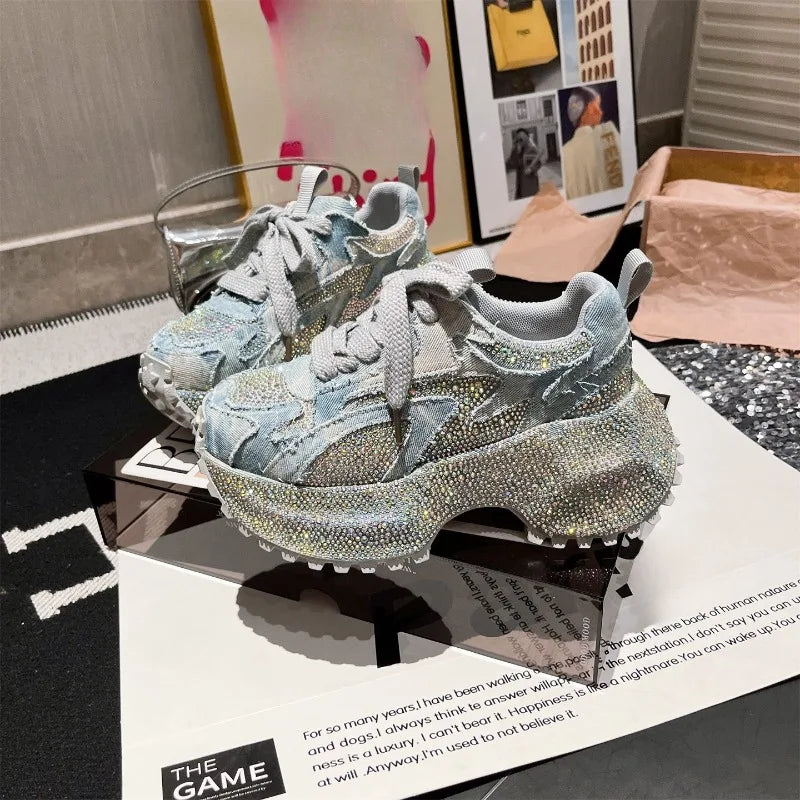 Washed Denim Rhinestone Platform Women's Shoes New Heightened Casual Sneakers 2025.