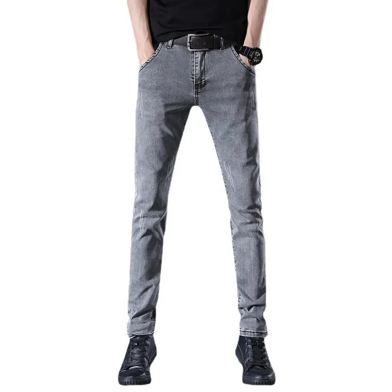 Slim Fit Men's Jeans Casual Elastic Korean Style Autumn Grey Trendy Long Pants Versatile Slim Legged Casual Trousers.