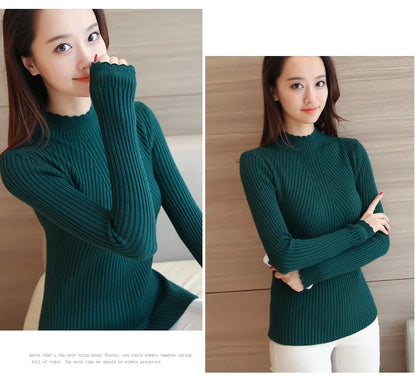 2025 herbst Frauen Mock Neck Rüschen Pullover Langarm Gestrickte Bodenbildung Solide Pullover Streifen Frauen Casual Pullover Winter