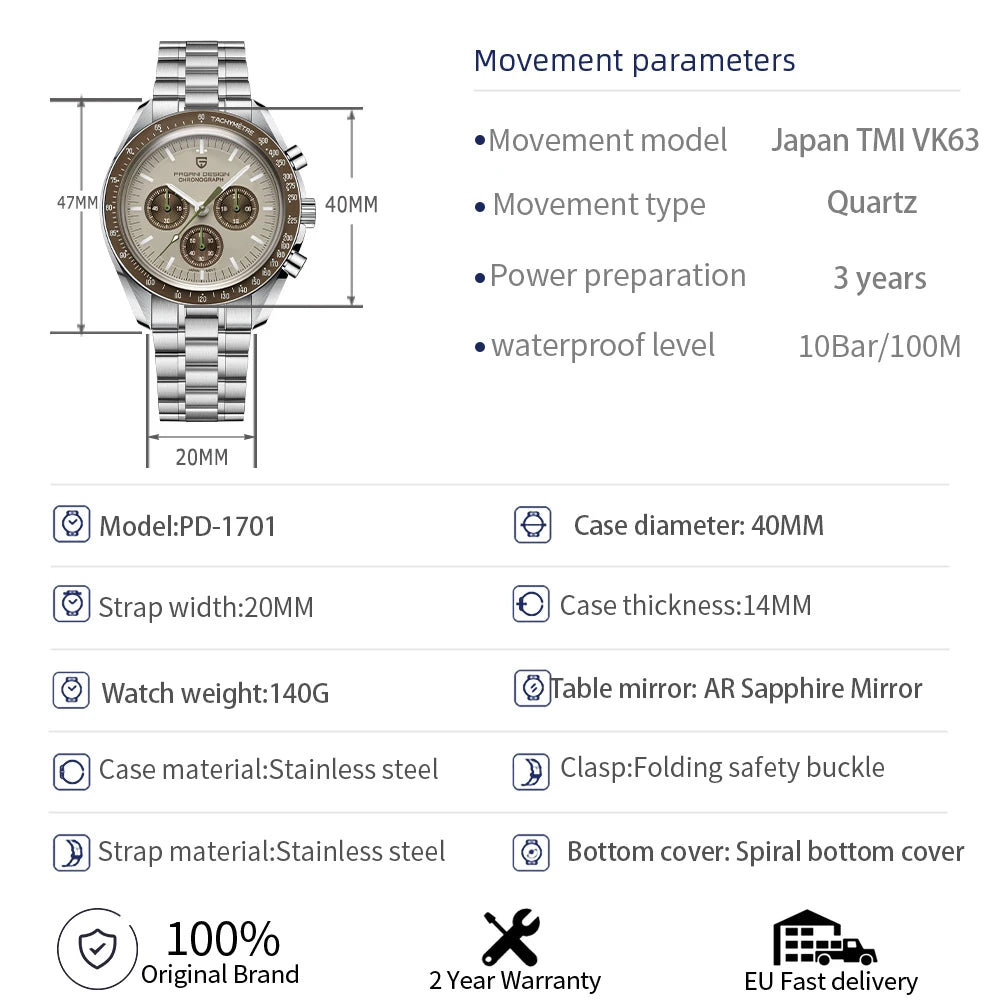 PAGANI DESIGN 2025 New Saturn Men's Watches Top Luxury Quartz Watch Men Light Tan Chronograph AR Sapphire crystal Wristwatch Men.