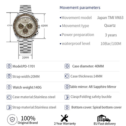 PAGANI DESIGN 2025 New Saturn Men's Watches Top Luxury Quartz Watch Men Light Tan Chronograph AR Sapphire crystal Wristwatch Men.