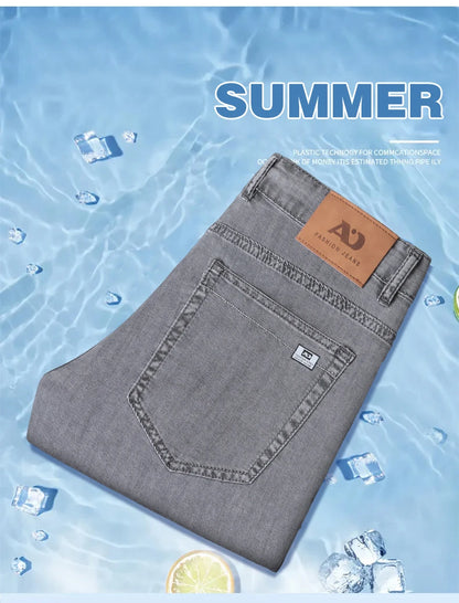Summer Thin Men's Loose Straight Jeans Lyocell Soft Drape Business Casual Trousers Classic Smoke Gray Brand Ice Silk Pants.