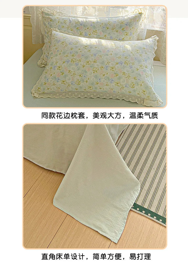 2025 new small fresh printing French lace lace double four-piece set bedding wrinkled yarn student three-piece set.