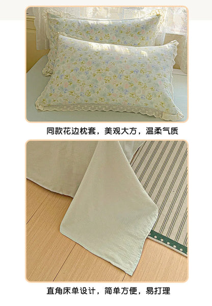 2025 new small fresh printing French lace lace double four-piece set bedding wrinkled yarn student three-piece set.