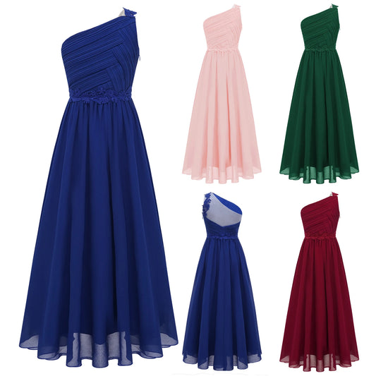 Mädchen Hochzeit Brautjungfer Kleid One Shoulder Elegante Guipure-Spitze Geraffte Chiffon Maxi Party Kleider Geburtstag Abend Abendkleid