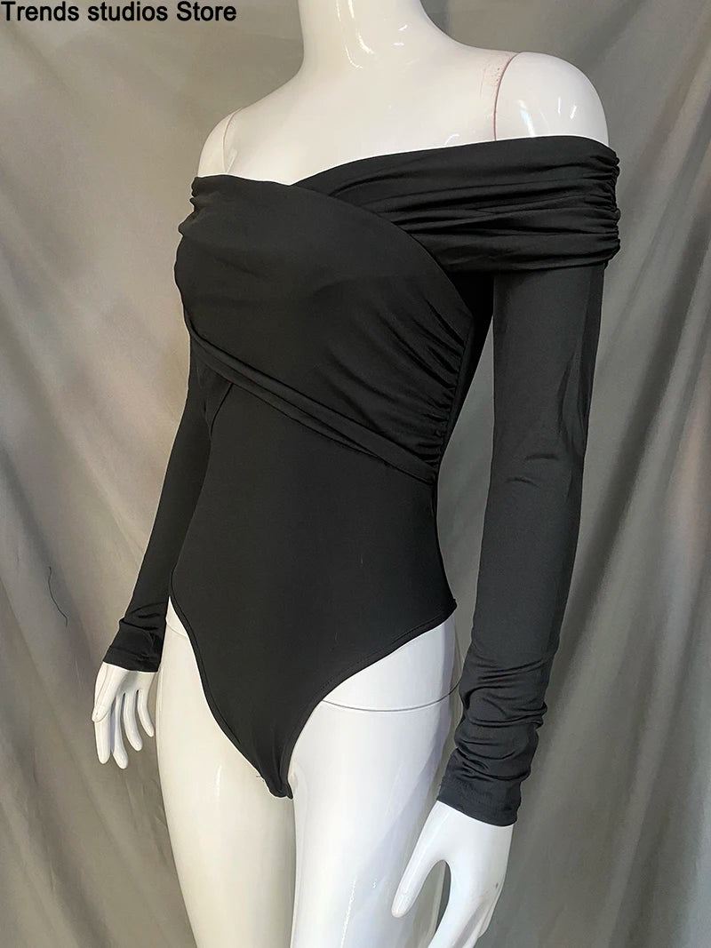 New Solid Sexy Off Shoulder Bodysuits Women Fashion Crossed Folds Skinny Rompers Long Sleeve Fashion Streetwear Autumn Bodysuits.