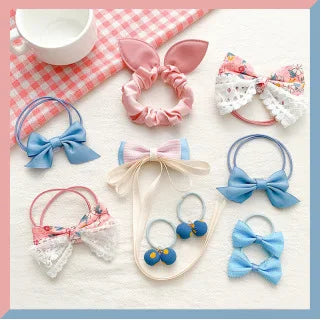Kawaii Flower Bow Scrunchies Set Children Gift Girls Elastic Hair Rubber Bands Accessories Tie Hair Ring Rope Headdress Headwear.