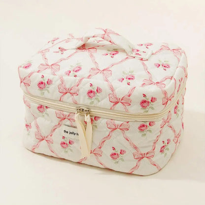 Cute Bow Flower Quilting Makeup Bag Women Zipper Cosmetic Organizer Female Cloth Handbag Portable Toiletry Case For Girls.