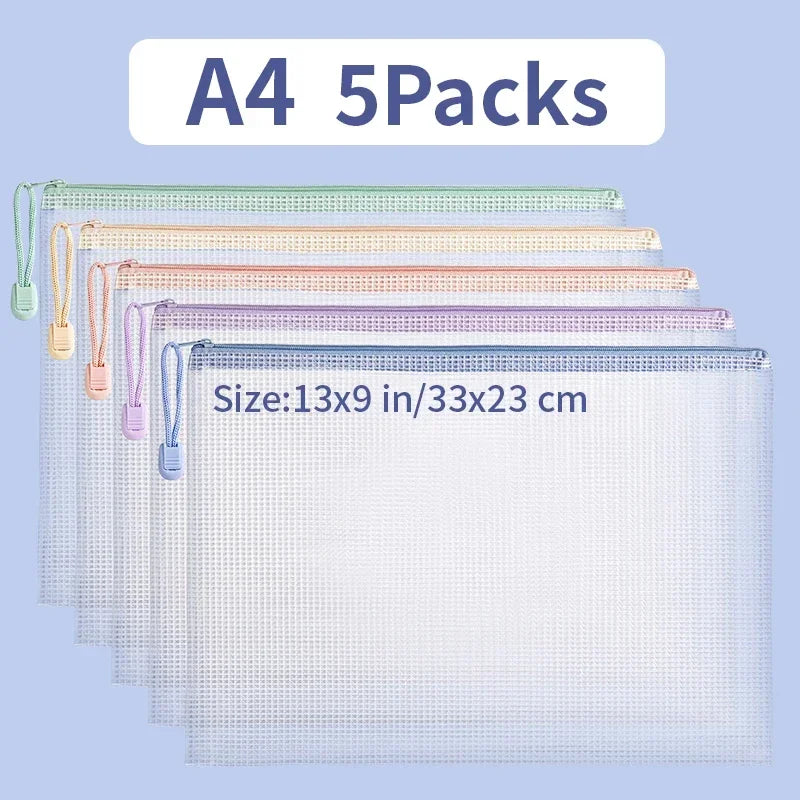 Zipper Mesh Bags A4/A5 Plastic Zipper Bags For Organizing Waterproof Clear Travel Bags Office Supplies Document，color random.
