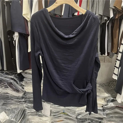 Women's Long Sleeve Striped T-Shirt Shoulder Baring Side Tie Base Shirt Versatile Autumn Fashion Design Cotton Top.