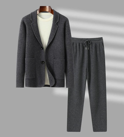 100%Cashmere Suit Men's Suit Collar Knitted Cardigan Business Casual Coat High Waisted Knitted Shorts Winter Thick Two-piece Set.