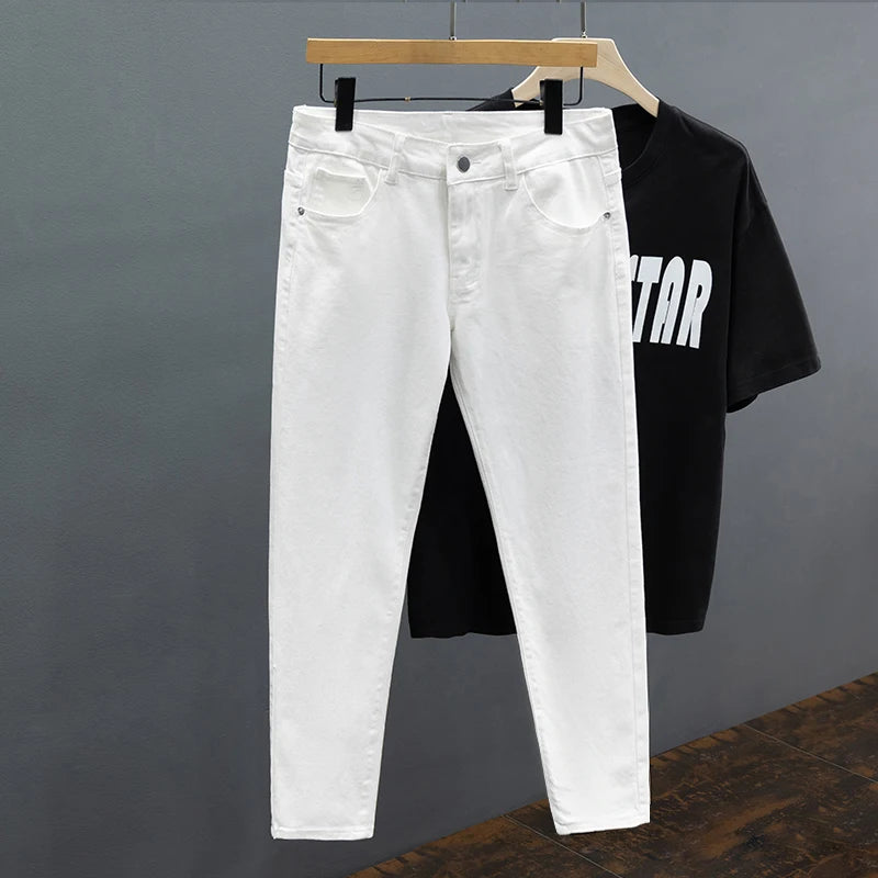 Men's Jeans Spring Summer Thin Slim Fit Elastic Cotton Soft Straight Denim Ankle Length Pants Korean Youth Fashion Trousers.