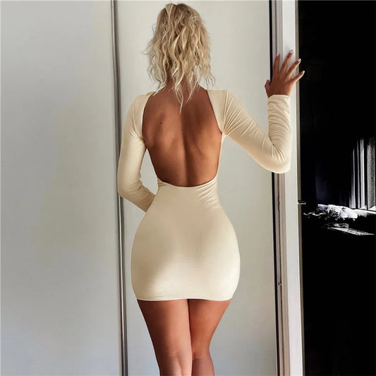 Zahlung Casual Mini Kleid Frauen Prägnante Klassische Backless Volle Hülse O-ansatz Grundlegende Weibliche Bodycon Straße Kleidung