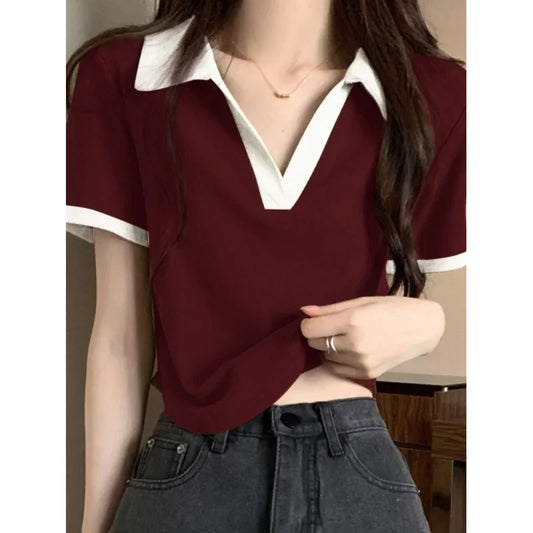 Slim Fit Polo Neck Short Sleeve T-Shirt Women's Summer Fashion Design Contrast Color Casual Versatile Top Body Shaping.
