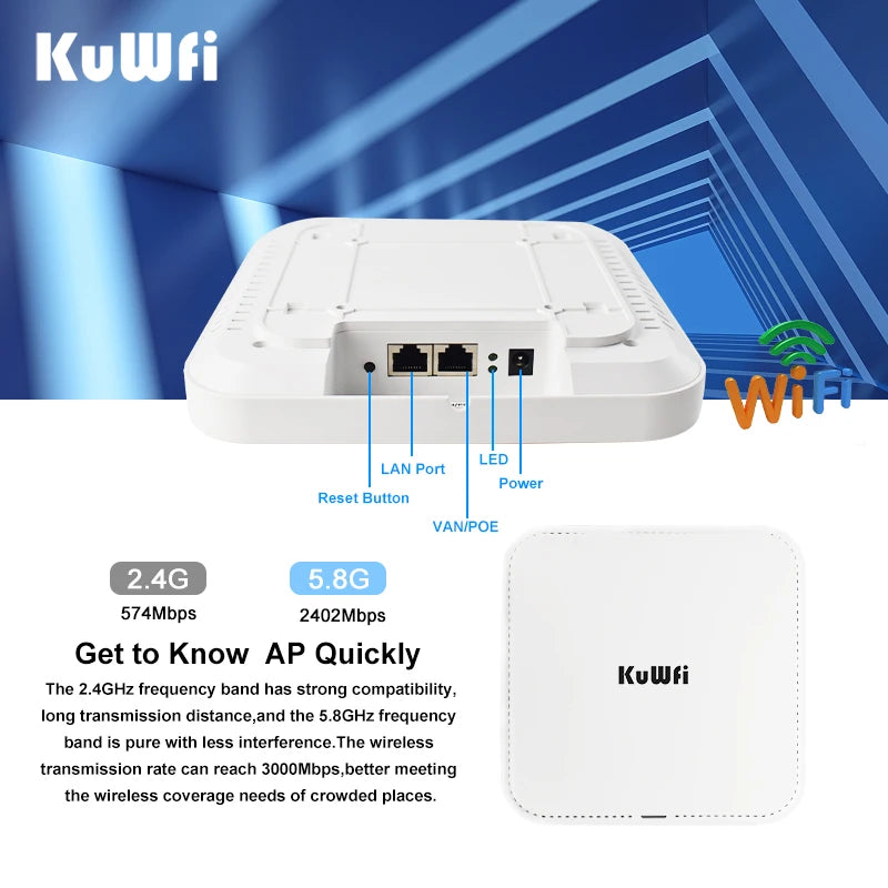 KuWFi 3000Mbps Ceiling AP 2.4G 5G Dual Band Wifi 6 Indoor Wireless Router Wifi Access Point 48V Poe Wi fi Signal Amplifier.