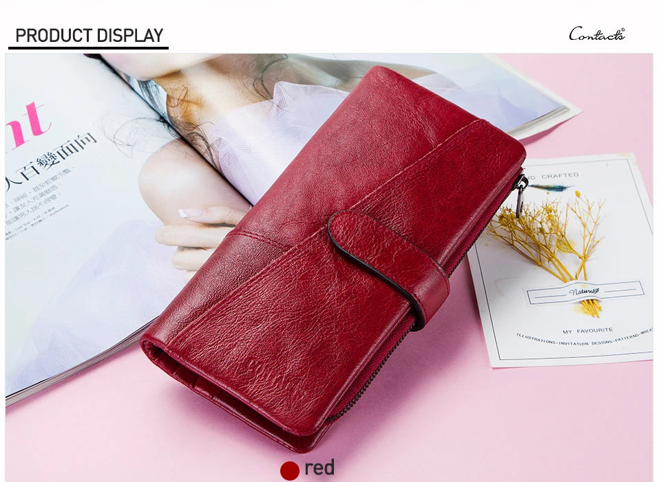 Contact's 100% Genuine Leather Wallet Women Long Coin Purse Hasp Design Clutch Bags Name Engraving Card Holder Wallets Cartera.