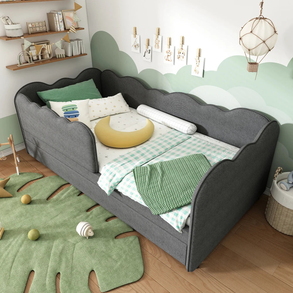 Gepolstertes Tagesbett 90x190cm, Tagesbett Schlafsofa mit ausziehbarem Bett 90x190cm, Kinderbett mit Gitter ohne Matratze