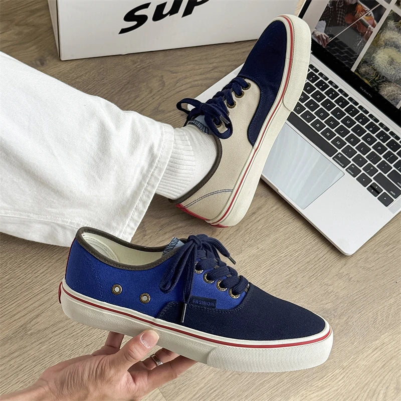 Boys' Casual Canvas Skateboard Shoes with Patchwork Low Cut Shoes Men's Minimalist Fashion Sneakers Trendy Lace Up Flat Bottom.