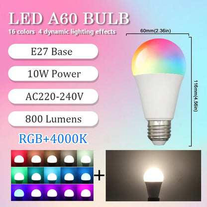 E27 RGB LED Light Bulb 220V 10W with IR Color Changing Control Remote Multicolor + White Lamp Spotlight for Bedroom Party Home.