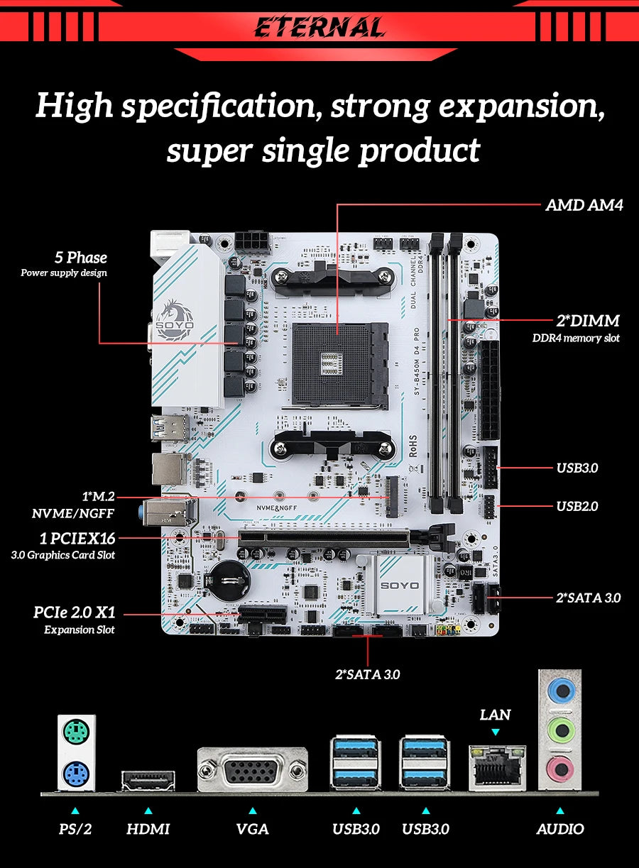 SOYO AMD B450M Game Motherboard DDR4 Memory AM4 Mainboard M.2 NVME Desktop Computer components Supports CPU AMD AM4 Ryzen1-5th.