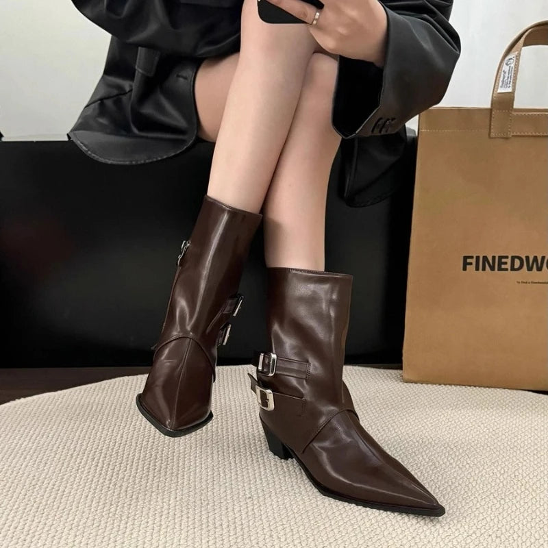 Winter Pointed Toe Thick Heel Women Ankle Boots Elegant Back Belt Buckle Slip On Shoes Street Style Party Short Botas Mujer.