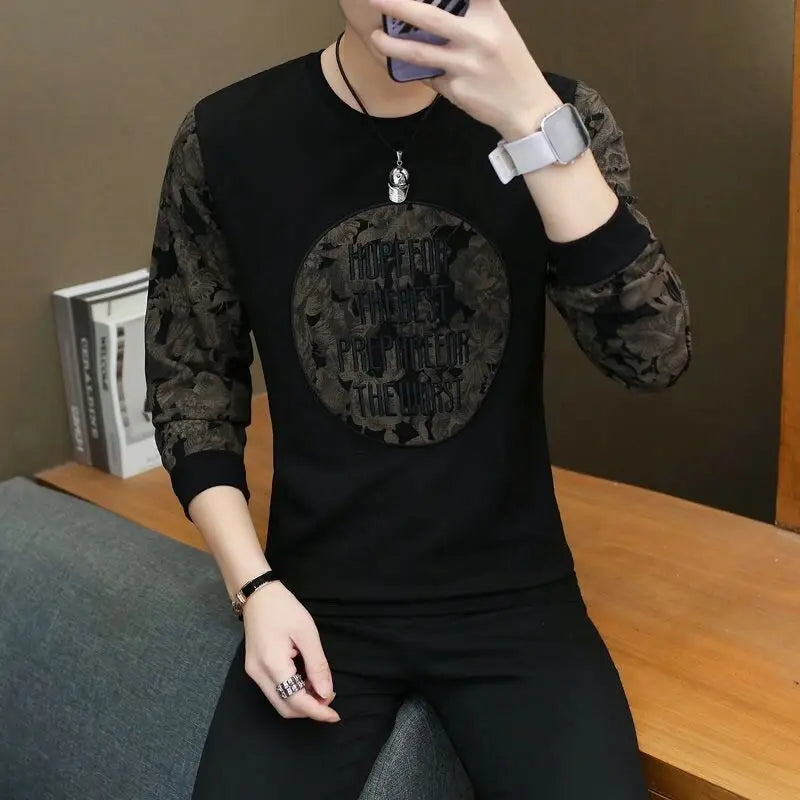 Men's Spring Autumn New Printing Patchwork Sweatshirts Long Sleeve O-Neck Loose T Shirt Tops Fashion Trend Men Clothing.