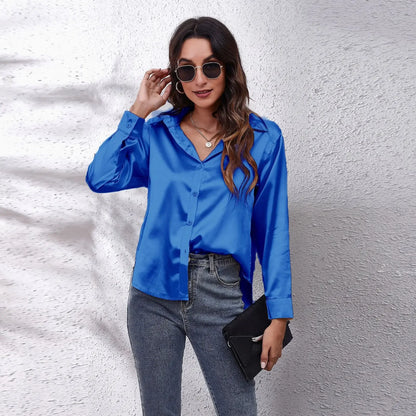 Autumn Women Solid Satin Shirt Long Sleeve Imitation Silk Loose Button Up Blouse Shirt Ladies Tops Fashion Clothing.