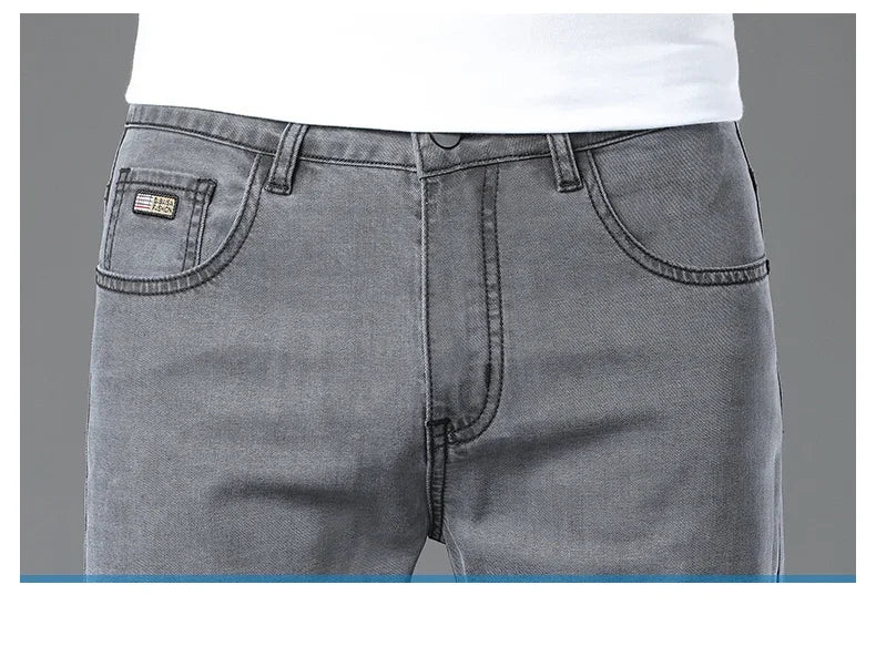 Summer Lyocell Ultra-thin Jeans Men Straight Stretch Breathable Denim Pants Fashion Business Casual Male Trousers Black Gray.