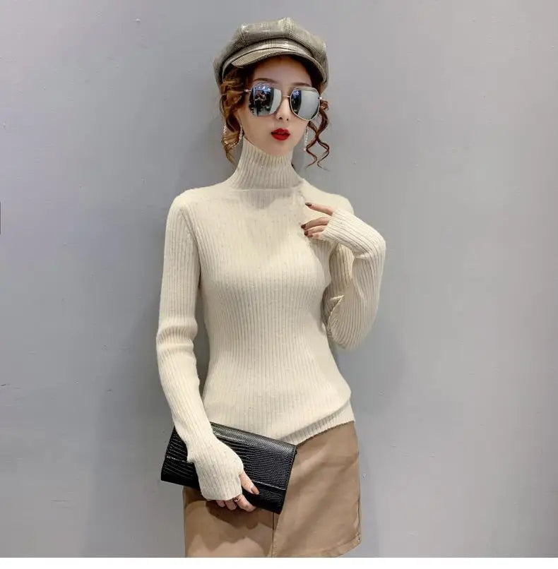 Women Clothing Fashion Elegant Turtleneck Pullover Autumn Winter Solid Slim Long Sleeve Sweater Office Lady Casual Dignified Top.