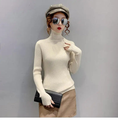 Women Clothing Fashion Elegant Turtleneck Pullover Autumn Winter Solid Slim Long Sleeve Sweater Office Lady Casual Dignified Top.