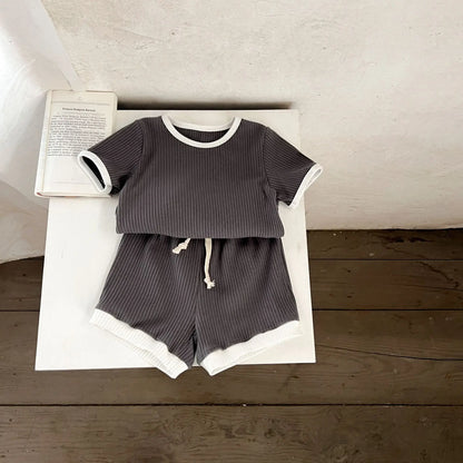 Korean Version Summer Kids Baby Girls Boys Short Sleeve Striped Top Tees +shorts Pants Infant Cute Pure Cotton Clothing Set
